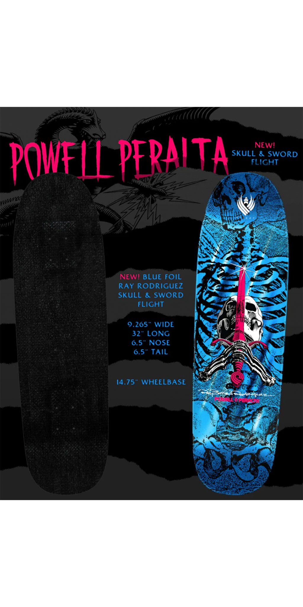 Powell Peralta Pro Flight 192 Rodriguez Skull and Sword 9.265 x 32 Blue Foil Skateboard Deck - Tabla 
