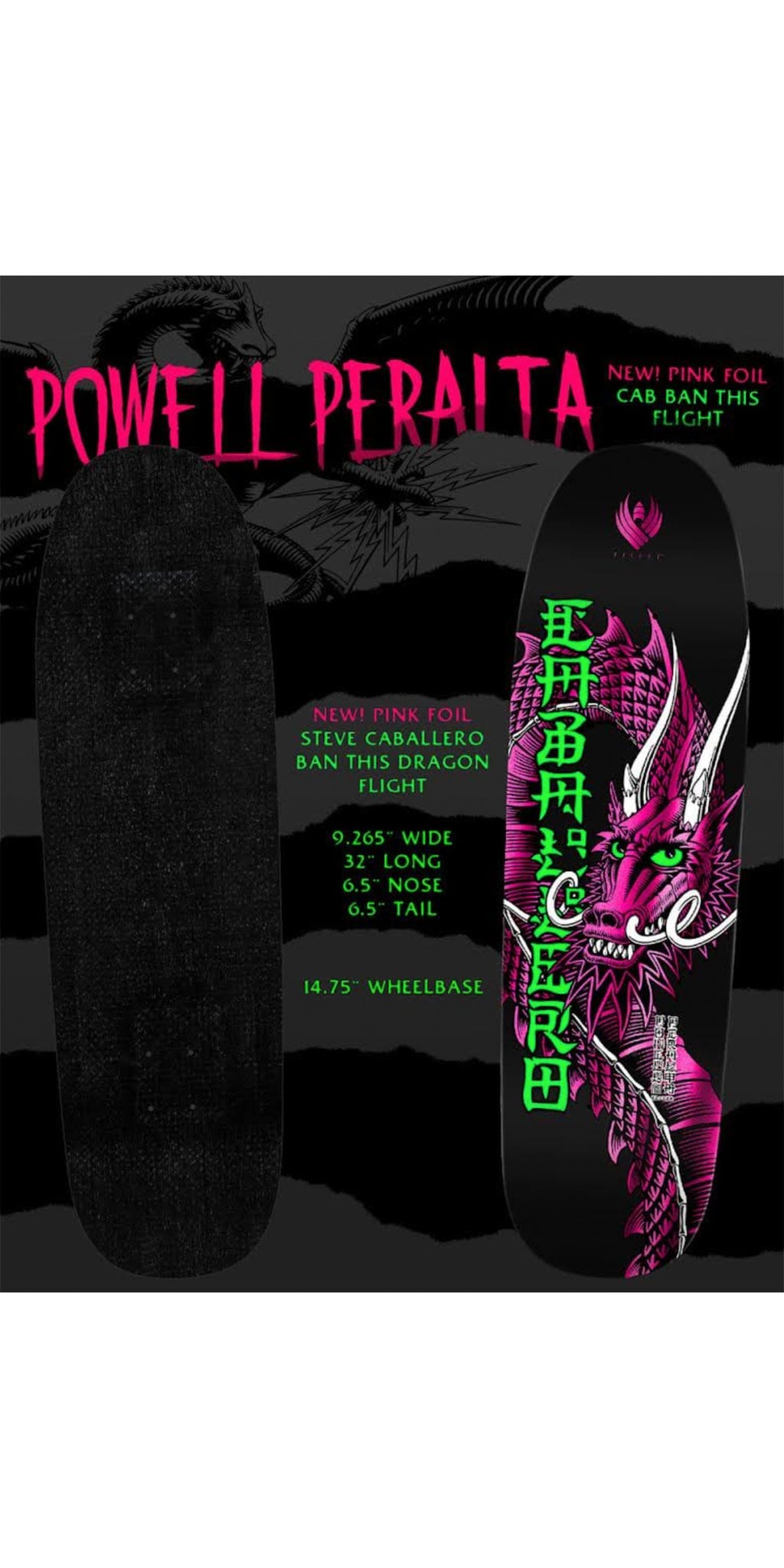 Powell Peralta Pro Flight Steve Caballero Ban This 9.265 x 32 Black Pink Foil Skateboard Deck - Tabla
