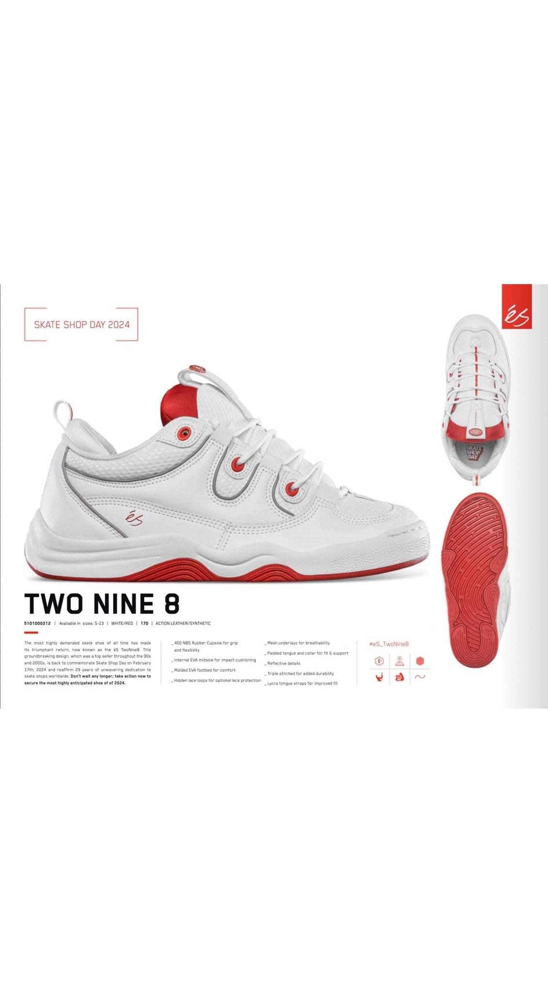 éS Two NINE 8 White/Red "Skate Shop Day" Skateboarding shoes -Zapatillas-Preorder Zapas eS Skateboarding 
